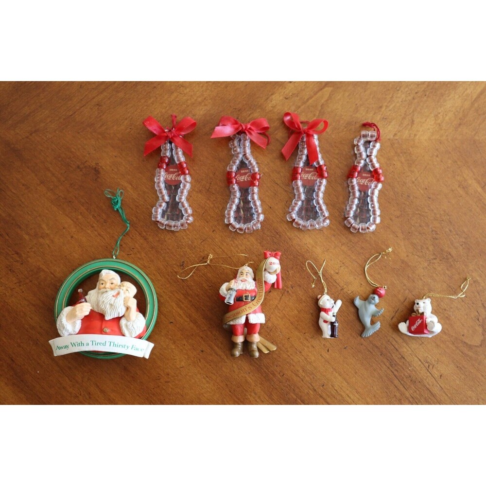 Lot Coca Cola Santa Thirsty Face Seal Polar Bear Bottles Christmas Ornament